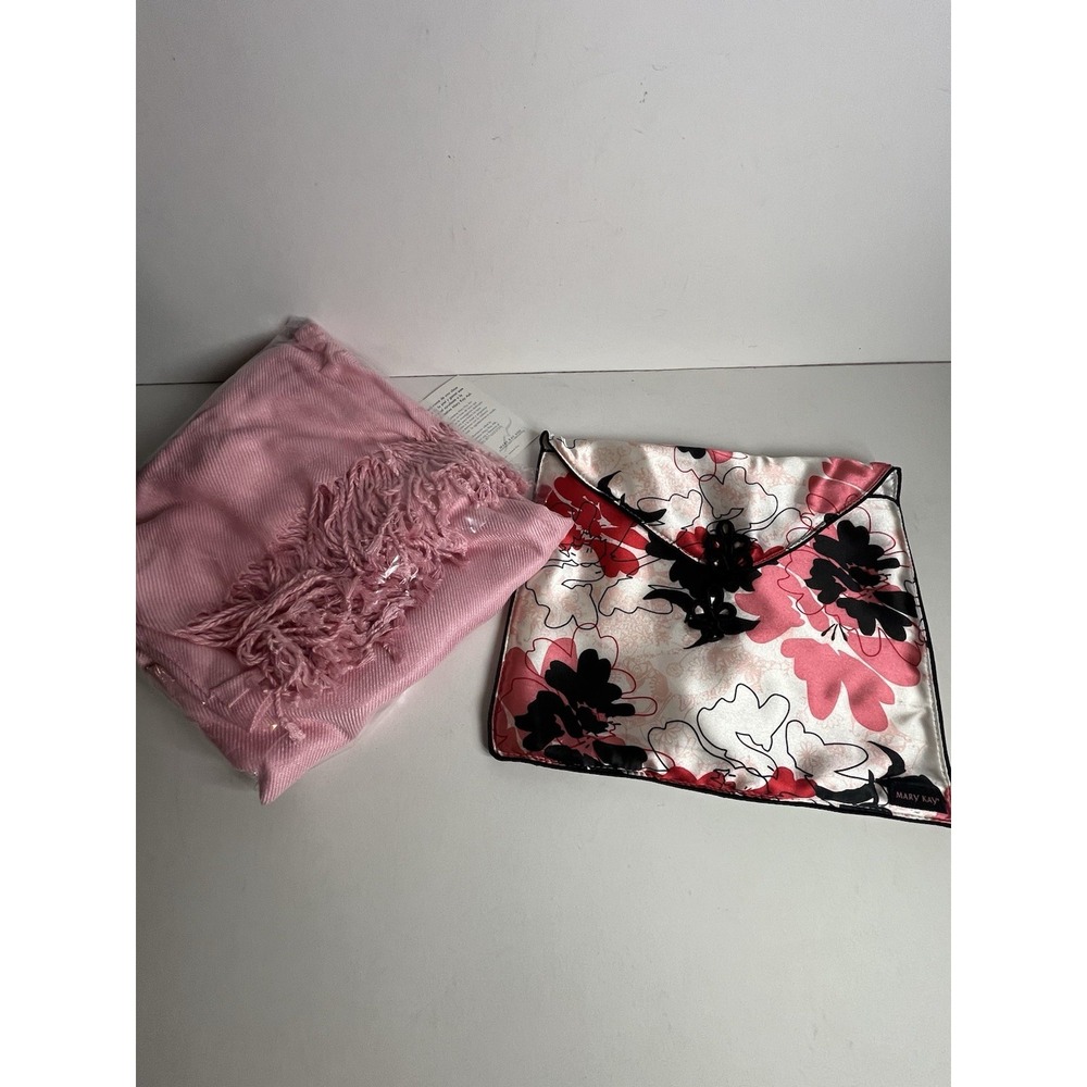 Mary Kay Pink Pashmina Scarf Wrap Shawl Satin Mary Kay Floral Bag‎ NEW